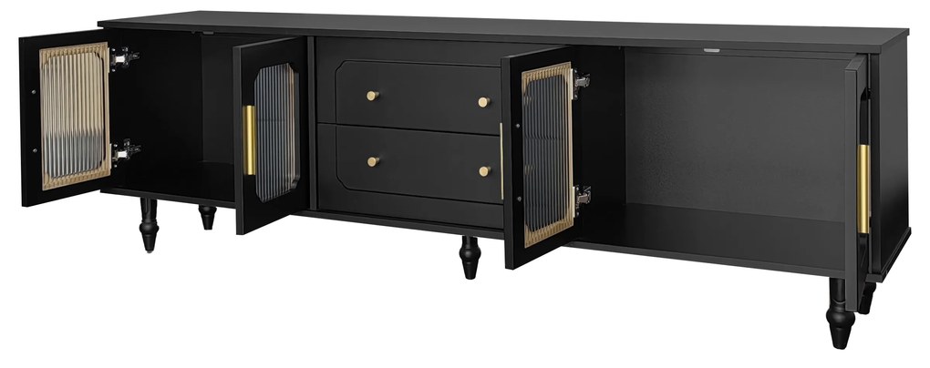 Mobilier TV Retro cu Mânere Aurii, Spațiu Generos de Depozitare, Ușă din Sticlă și Picioare din Lemn Masiv, 175x38x55,5 cm, Negru