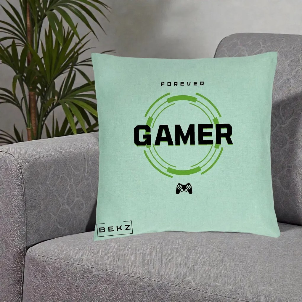 Perna Personalizata Forever Gamer, 40x40 cm, Verde Menta, Husa Detasabila, Perna Inclusa, BEKZ®