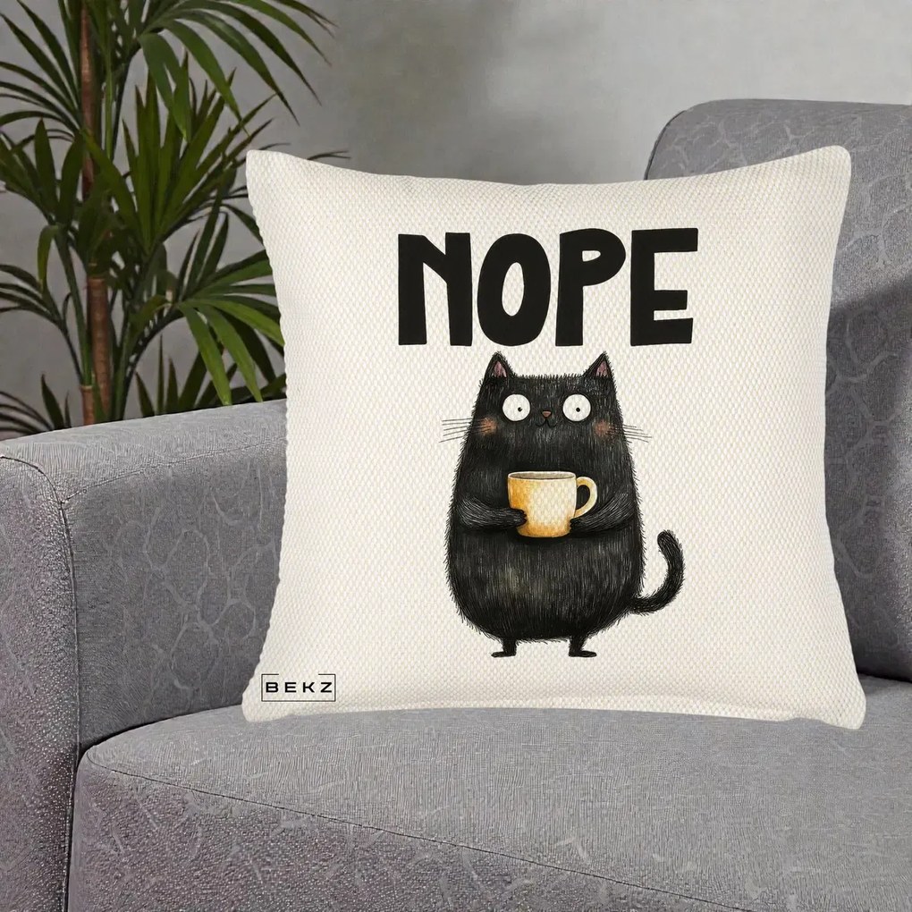 Perna Decorativa NOPE Pisica Neagra Cafea, 40x40 cm, Crem Reliefat, Husa Detasabila, Perna Inclusa, BEKZ®