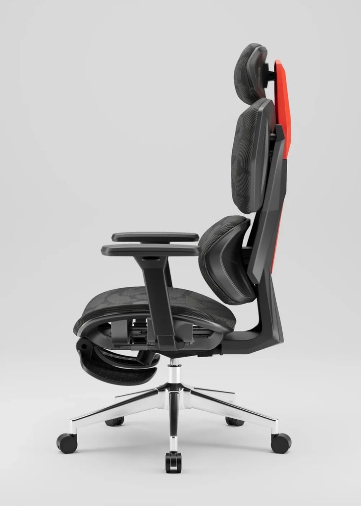 PORTO E04 Pro Executive – Scaun Ergonomic cu Suport Lombar Ajustabil, Tetieră Reglabilă, Cotiere 3D, Șezut Extensibil, Înclinare 135°, Suport pentru Picioare și Bază Metalică, Mesh, Negru