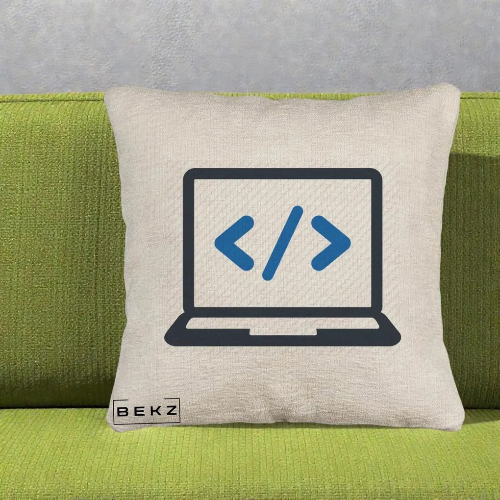 Perna Personalizata Laptop Cod HTML, 40x40 cm, Bej Canapea, Husa Detasabila, Perna Inclusa, BEKZ®