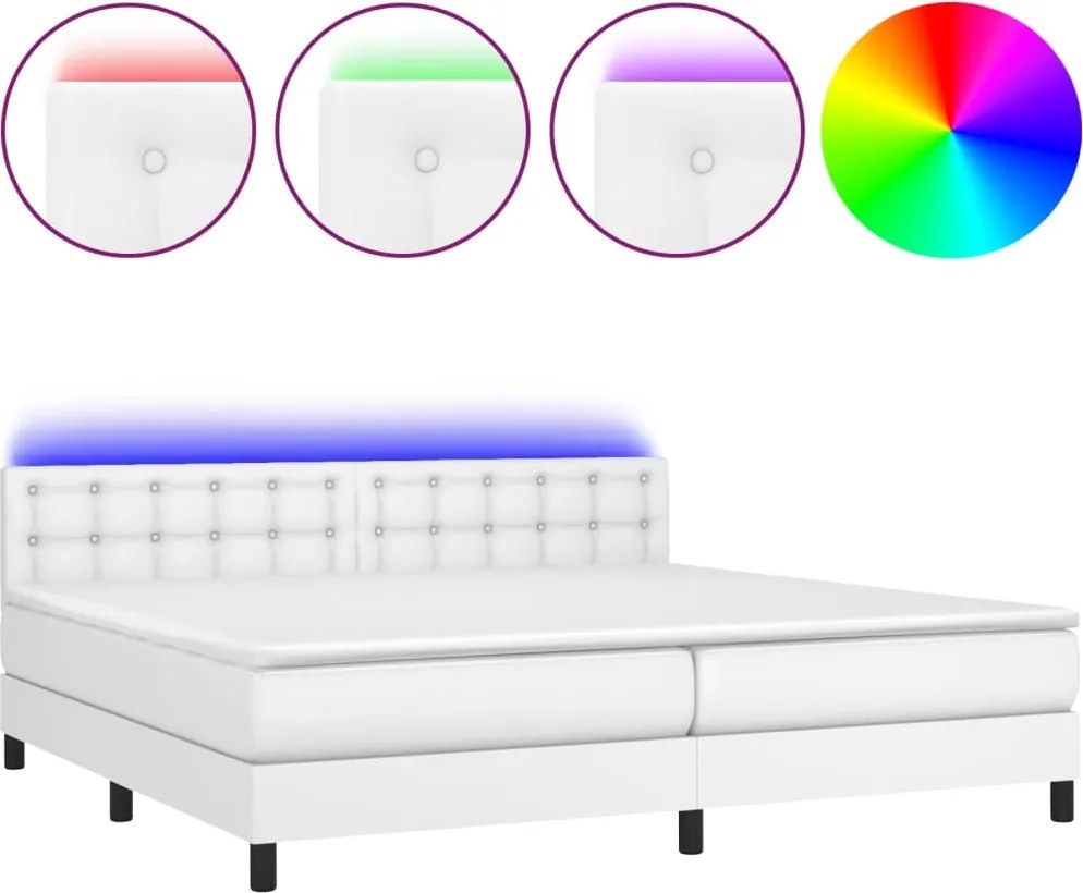 vidaXL Pat cu arcuri, saltea și LED, alb, 200x200 cm, piele ecologică