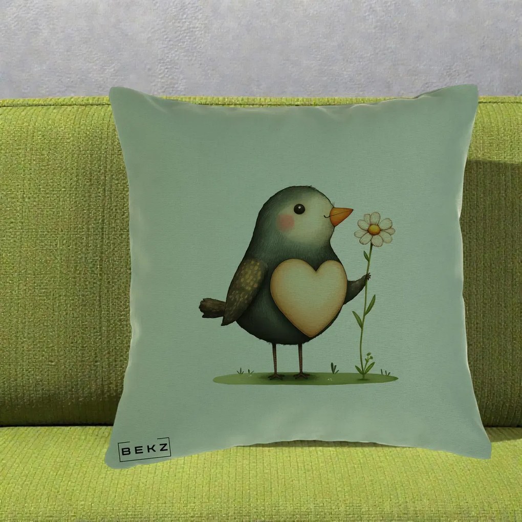 Perna Decorativa Pasare cu Inima si Margareta, 40x40 cm, Verde, Husa Detasabila, Perna Inclusa, BEKZ®