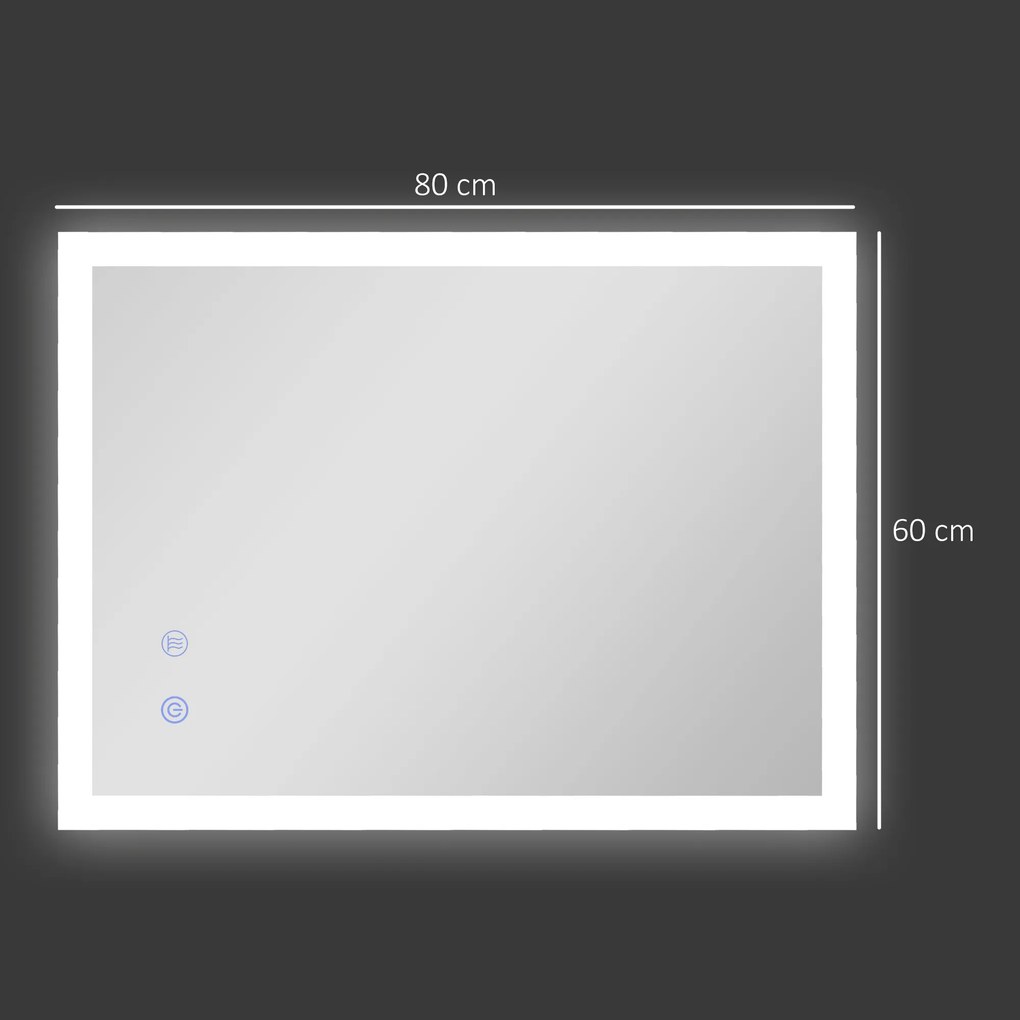 Kleankin Oglinda LED, Oglinda de Machiaj de Perete cu 3 Lumini, 800x600mm, Tactilă, Anti-Ceță, Montare Orizontală/Verticală | Aosom Romania