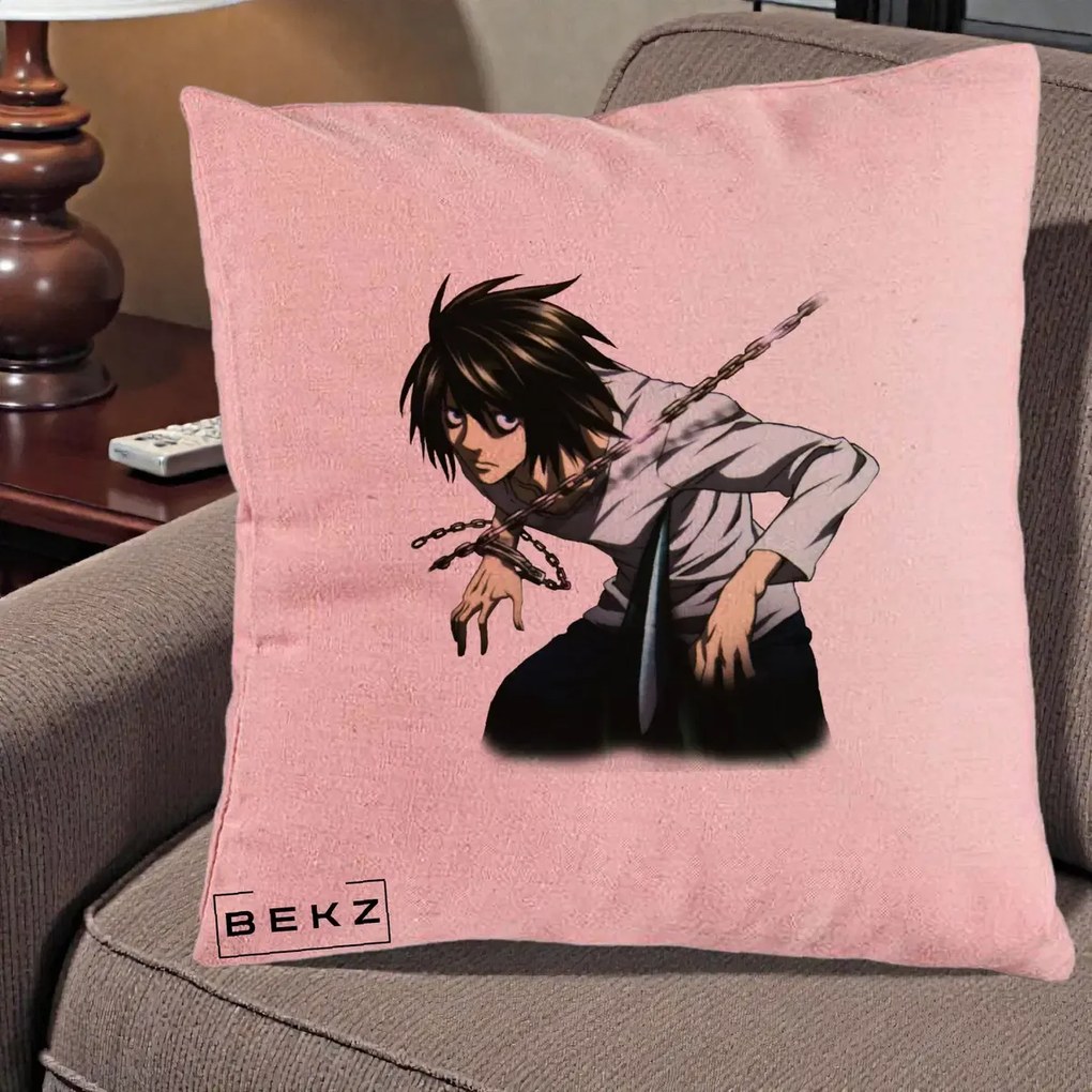 Perna Personalizata Death Note L Lawliet Lanturi, 40x40 cm, Roz, Husa Detasabila, Perna Inclusa, BEKZ®
