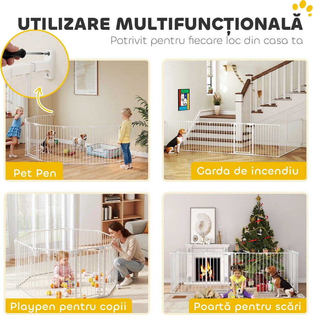 PawHut Gard pentru Câini cu 8 Panouri Modulabile cu Închidere Automată, din Oțel și ABS, 61x3x75 cm, Alb | Aosom Romania