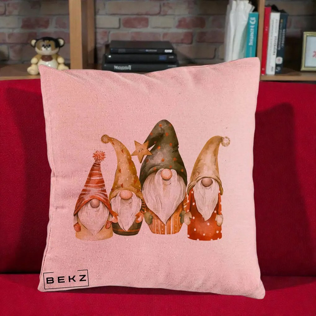 Perna Decorativa Gnomi de Craciun Patru, 40x40 cm, Roz, Husa Detasabila, Perna Inclusa, BEKZ®