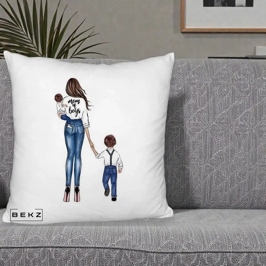 Cadou pentru Mama - Perna Personalizata Mom of Boys Mama cu Baietii, 40x40 cm, Alb Pufos, Husa Detasabila, Perna Inclusa, BEKZ®