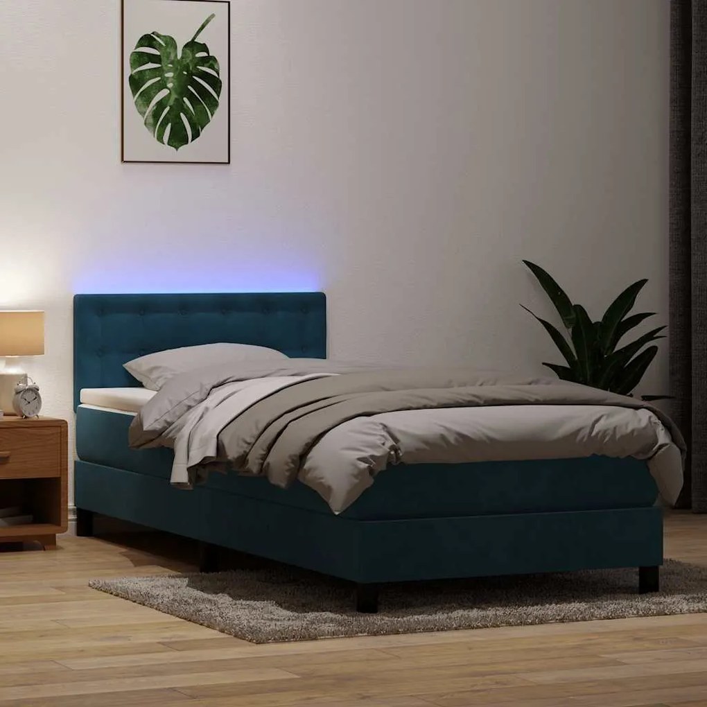 vidaXL Pat box spring cu saltea, albastru închis, 80x220 cm, catifea