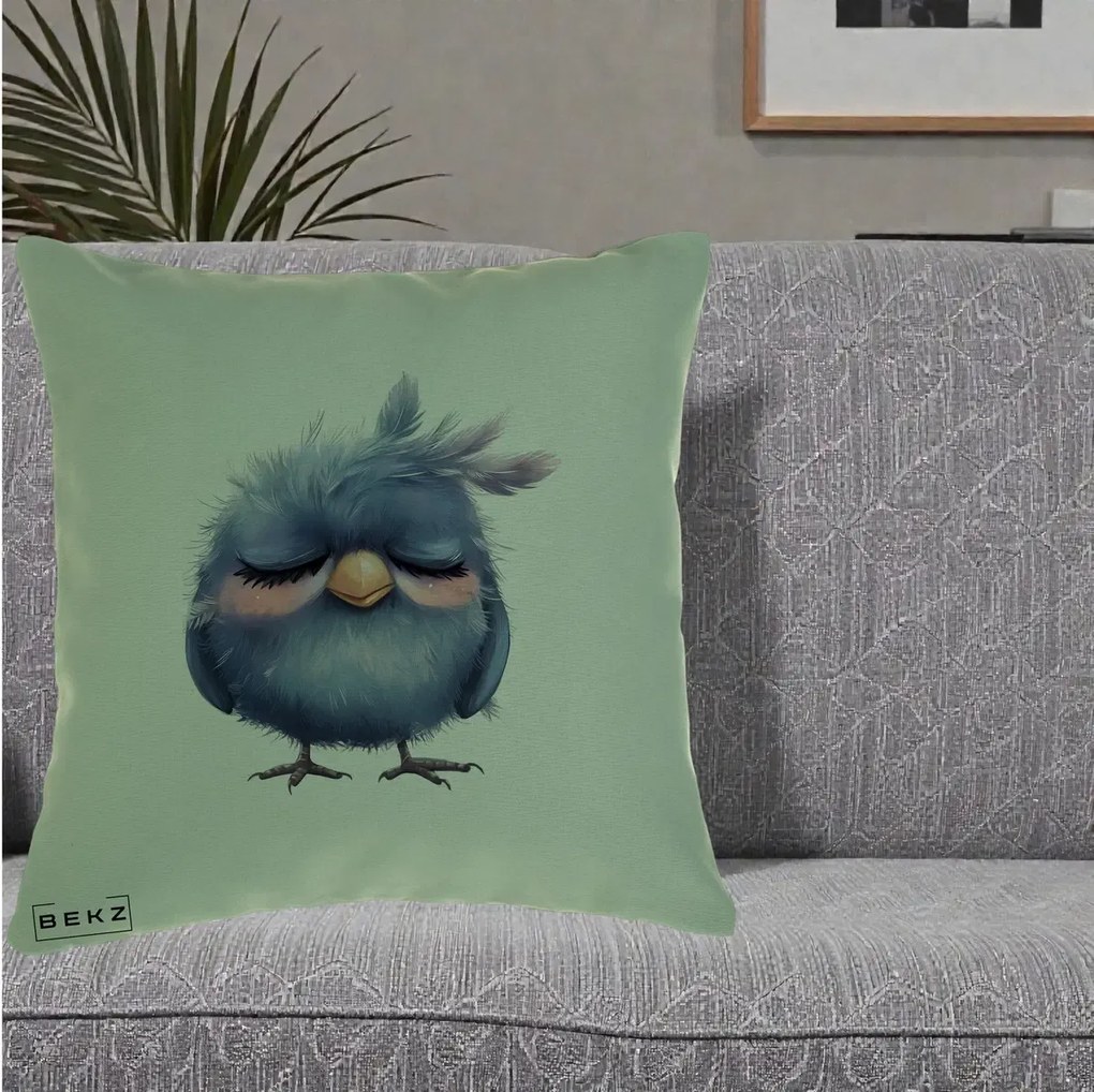 Perna Decorativa Pui Adormit Albastru, 40x40 cm, Verde, Husa Detasabila, Perna Inclusa, BEKZ®