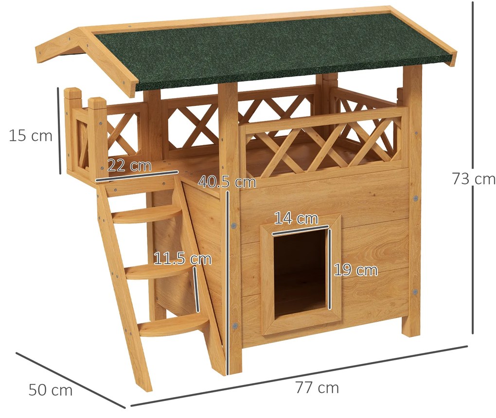 PawHut Maison lodge pentru pisici sălbatice rătăcitoare cu terasă scară 77 x 50 x 73 cm lemn natural și verde | Aosom Romania