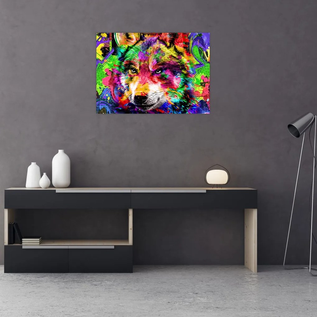 Tablou pe sticlă - Lupul cu graffiti (70x50 cm)