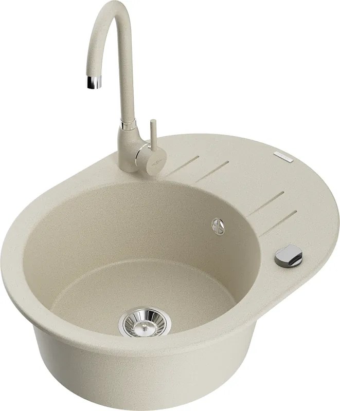 Mexen Kevin chiuvetă de granit cu o cuvă și picurător, cu baterie de bucătărie Telma, bej - 6517-69-670200-69