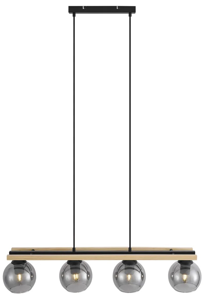 Lampă suspendată modernă neagră cu lemn și sticlă fumurie cu 4 lumini - Aleks
