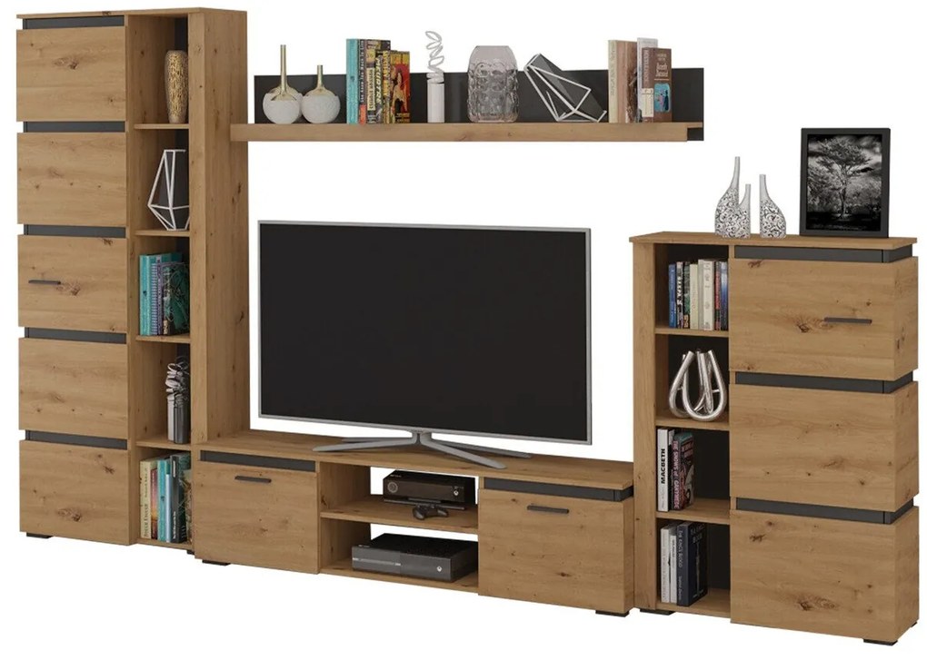 Mobilă pentru sufragerie Tucson 122Stejar Artisan, Gri, Părți separate, Cu comodă tv, PAL laminat, 190x304x40cm, 146 kg