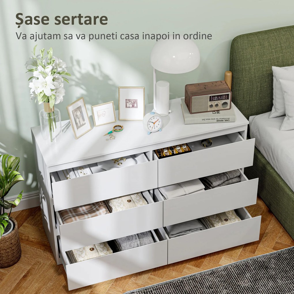 HOMCOM Comodă cu 6 Sertare și Picioare Antiderapante din Lemn, 120x39x75 cm, Alb | Aosom Romania