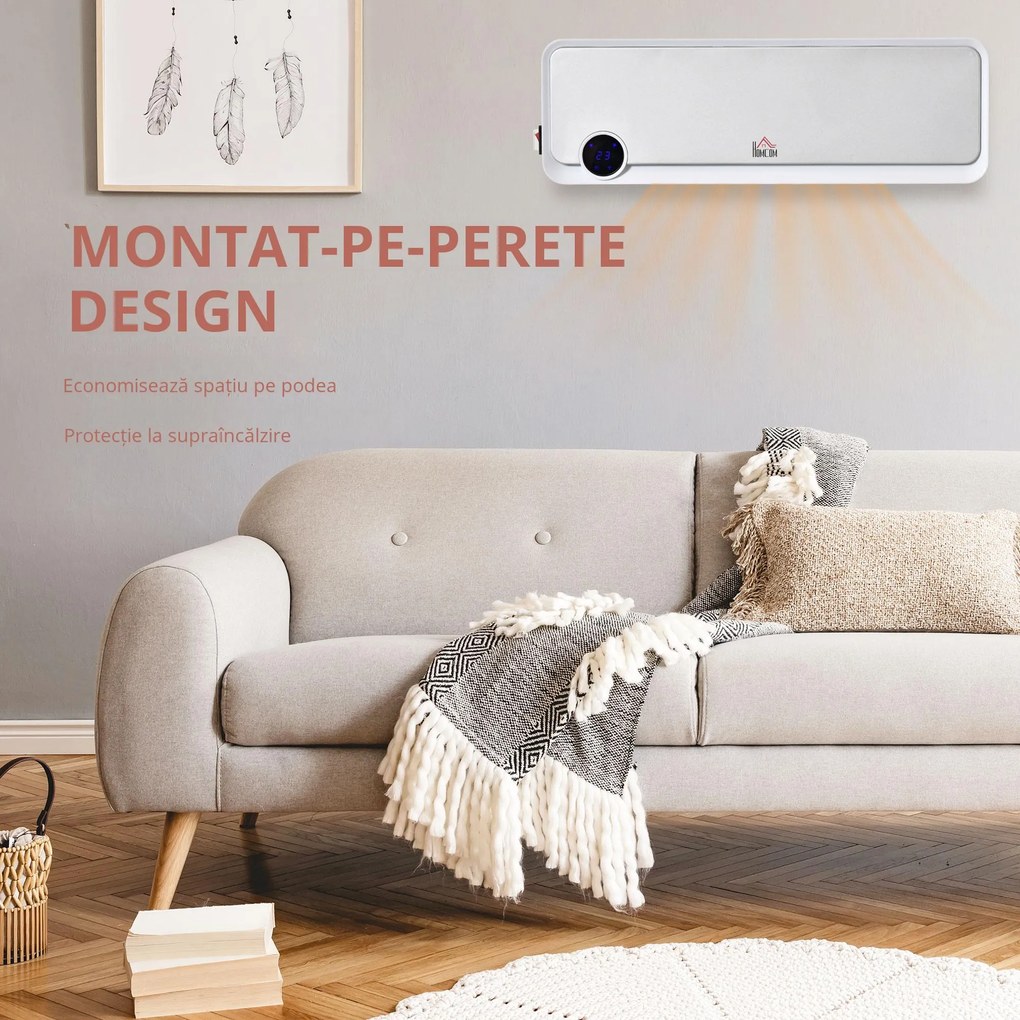 HOMCOM Aerotermă de Perete cu 3 Moduri, Timer 12h și Oscilație 30°, 56x18,5x11,7 cm, Argintiu | Aosom Romania