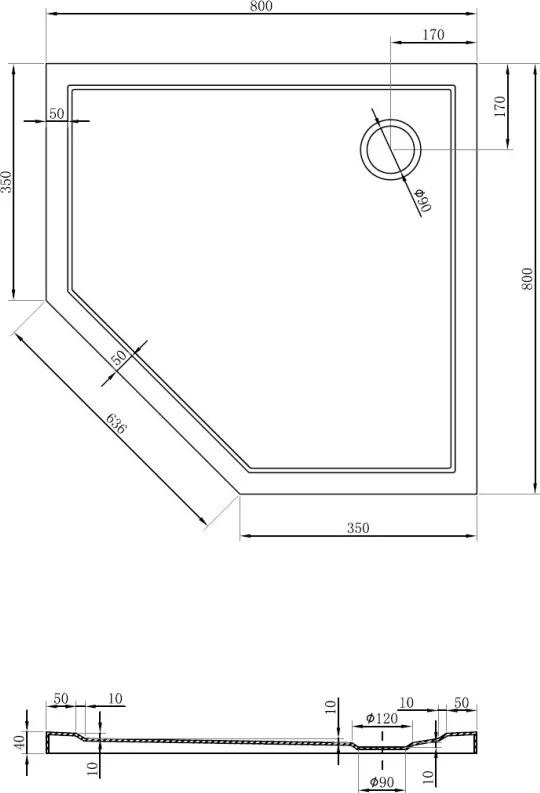 Mexen Flow cadă de duș pentagonală slim 80 x 80 cm, alb lucios - 46P108080