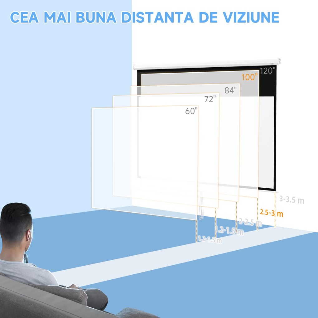 HOMCOM Ecran Proiector 100", 16:9, Montaj Perete/Tavan, Material Mat Premium, Blocare Automată, 221x124 cm, Alb | Aosom Romania