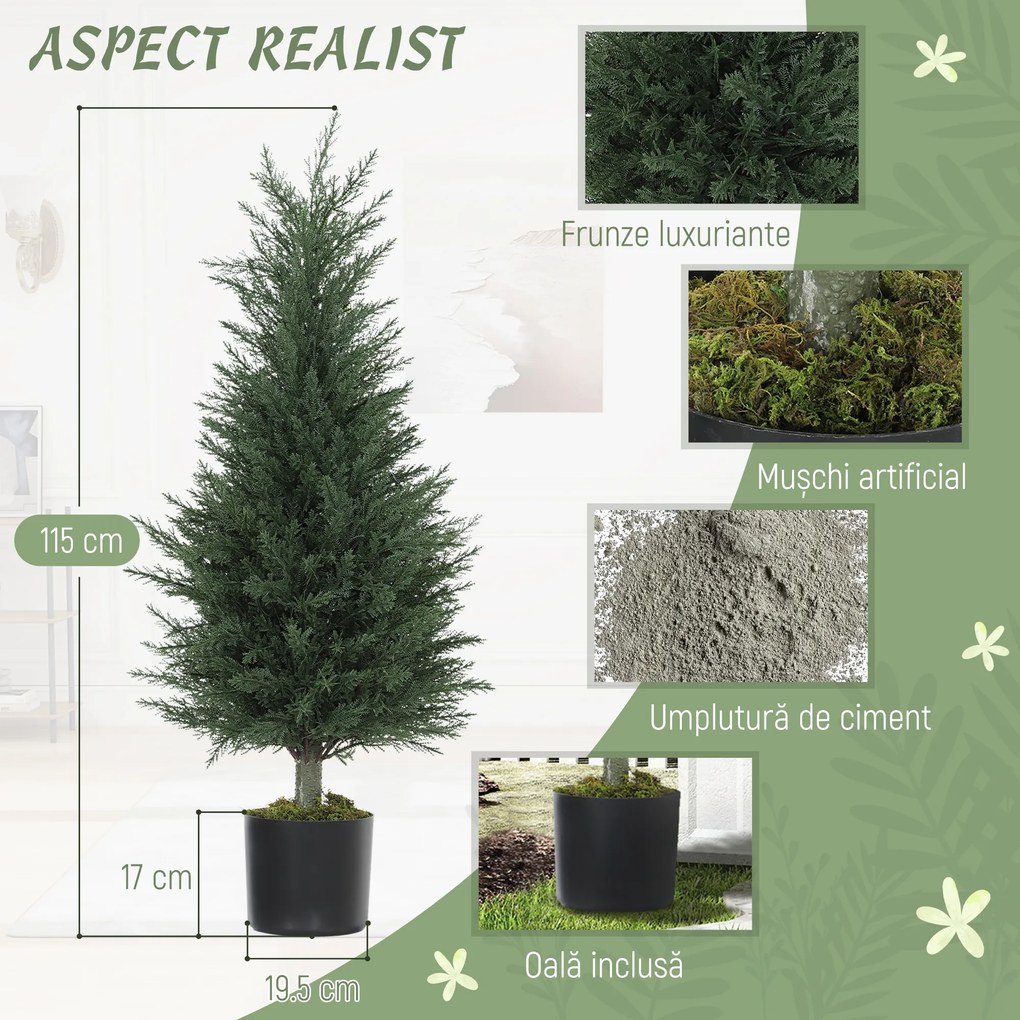 Outsunny Set 2 Plante Artificiale de Chiparos cu 362 Frunze și Ghiveci cu Ciment și Mușchi, Plante Rezistente la UV, Ø40x90 cm, Verde | Aosom Romania