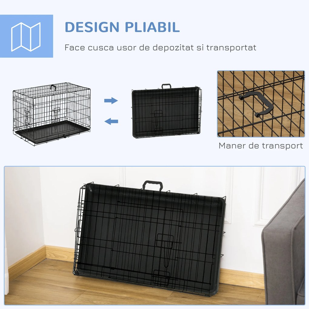 Cusca de transport pentru animale cu 2 usi cu inchidere de siguranta dubla, fir de otel si ABS 76×46×52cm Negru PawHut | Aosom Romania