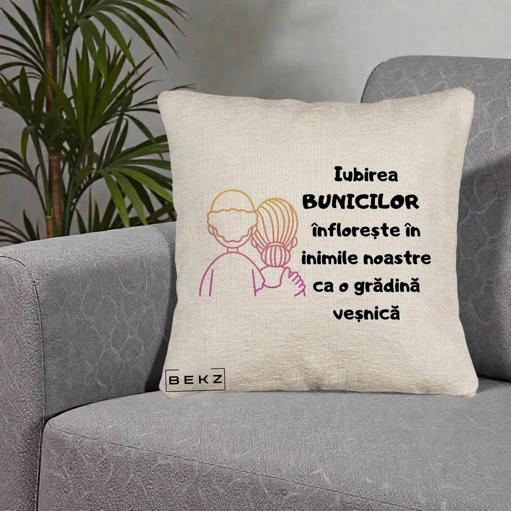 Cadou pentru Bunici - Perna Personalizata Iubirea Bunicilor Infloreste Cuplu Line Art Gradient, 40x40 cm, Bej Canapea, Husa Detasabila, Perna Inclusa, BEKZ®