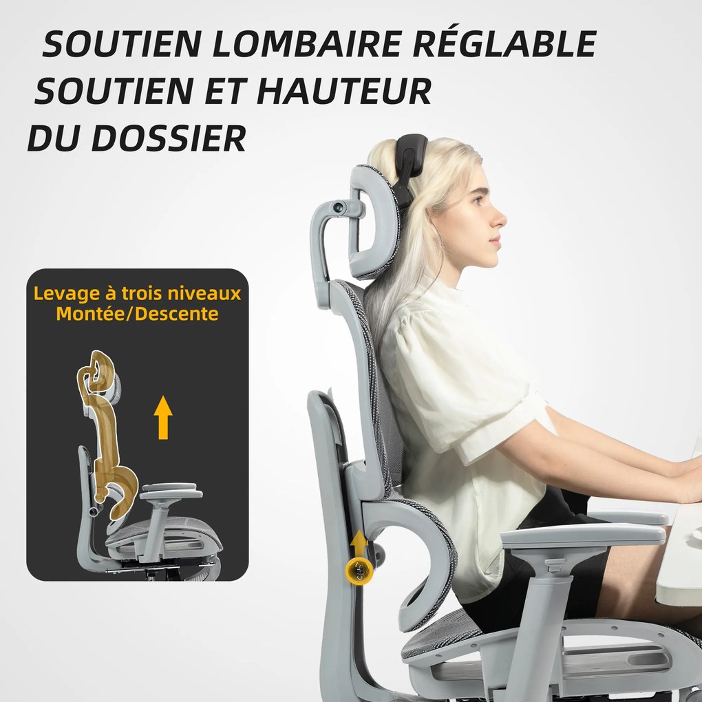 HOMCOM Fotoliu de birou, scaun ergonomic din plasă cu cotiere 3D, spătar rabatabil, 66x64x122 cm, gri | Aosom Romania