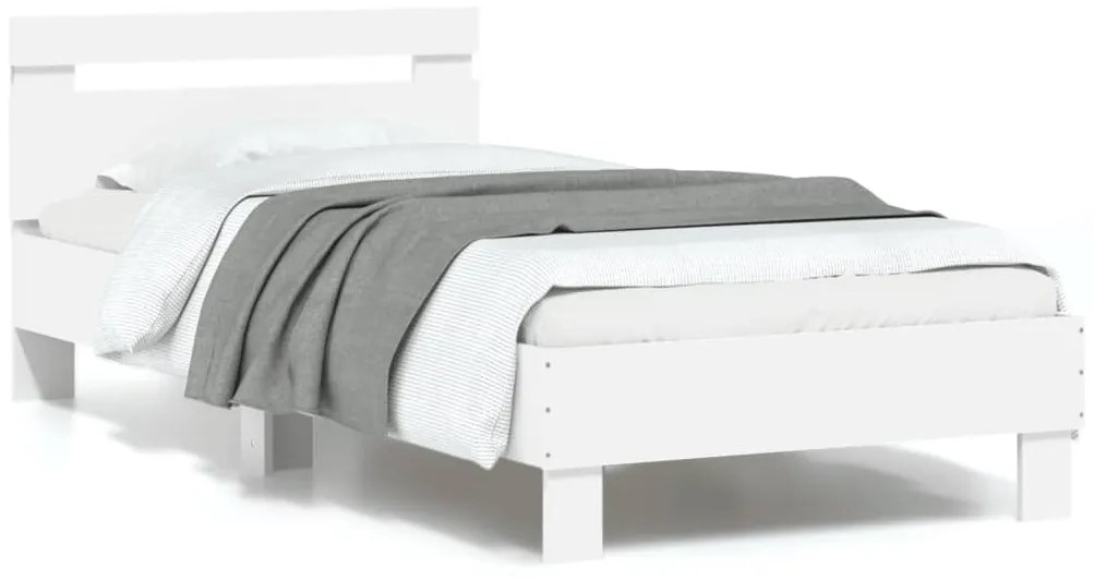 vidaXL Cadru de pat cu tăblie și lumini LED, alb, 90x190 cm