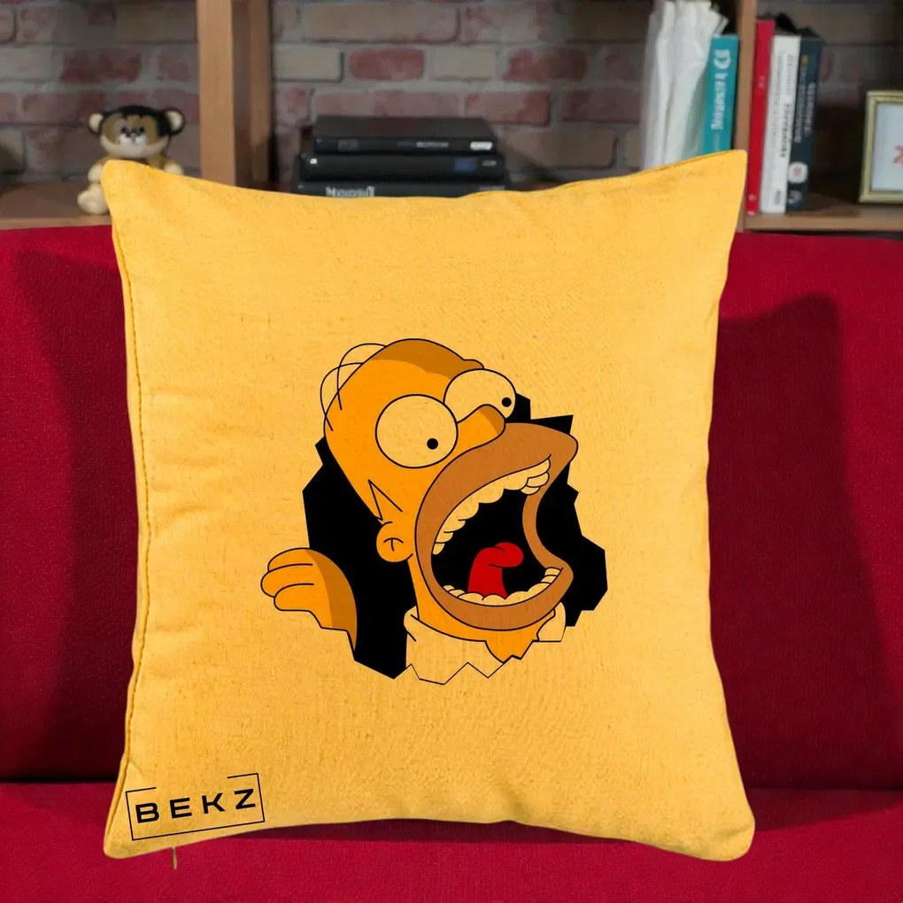 Perna Personalizata Homer Simpson Surpriza, 40x40 cm, Galben, Husa Detasabila, Perna Inclusa, BEKZ®