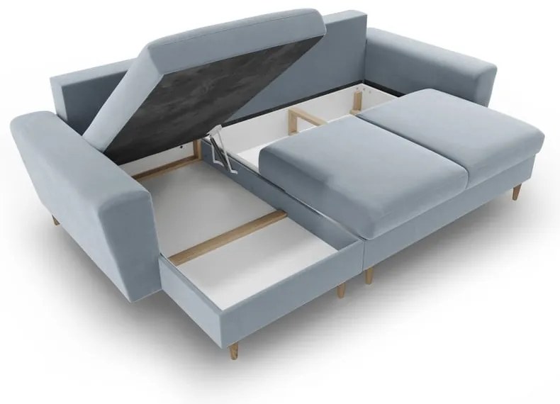 Colțar albastru deschis extensibil, cu spațiu de depozitare cu tapițerie din catifea Kyoto – Cosmopolitan Design