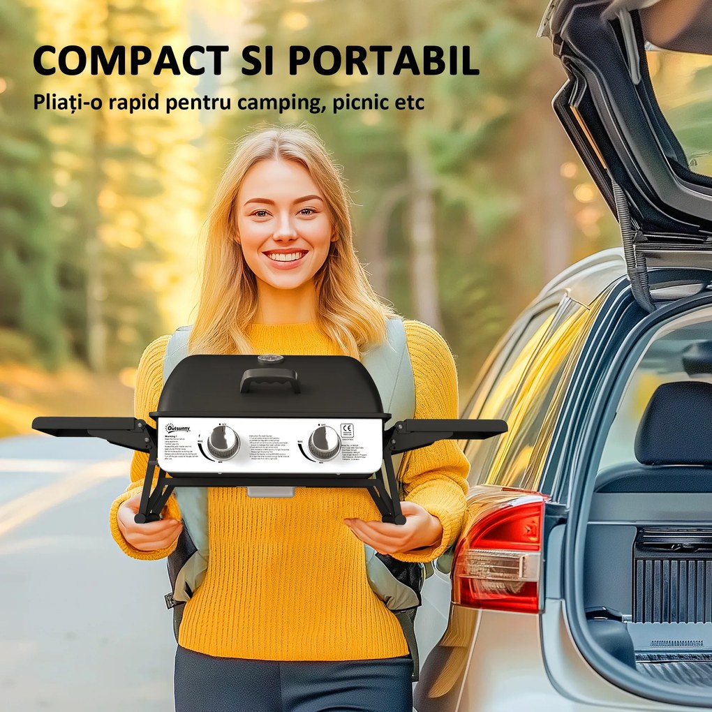 Outsunny Grătar pe Gaz Portabil cu 2 Arzătoare și Capac cu Termometru, Negru | Aosom Romania