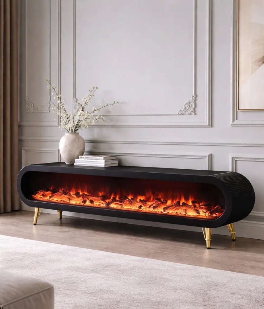 Șemineu electric cu efect LED realist, Comodă TV cu design oval, control vocal și telecomandă, fără încălzire, 180 cm, Negru