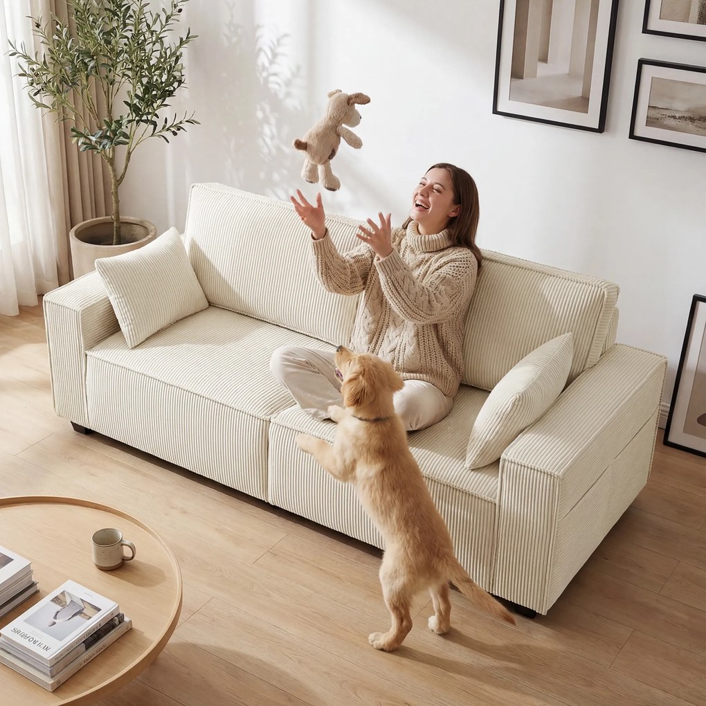 HOMCOM Canapea 3 locuri din velur canelat 218 cm, canapea de living, perne cu arcuri, cotiere late, 2 perne, bej | Aosom Romania