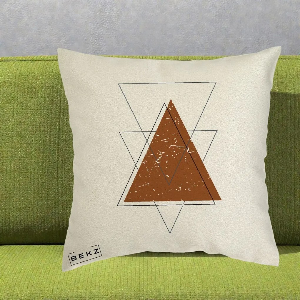 Perna Decorativa Geometric Triunghiuri Sacred, 40x40 cm, Ecru, Husa Detasabila, Perna Inclusa, BEKZ®
