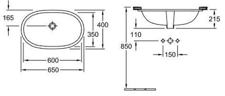 Lavoar baie incastrat alb lucios 65 cm, oval, Villeroy  Boch Novo 650x400 mm