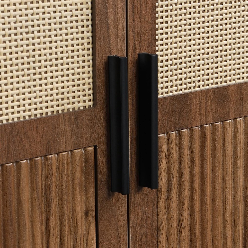 Bufet modern cu ratan, cu 4 uși și mult spațiu de depozitare, design retro-natural, 140x40x80 cm, Culoare naturală