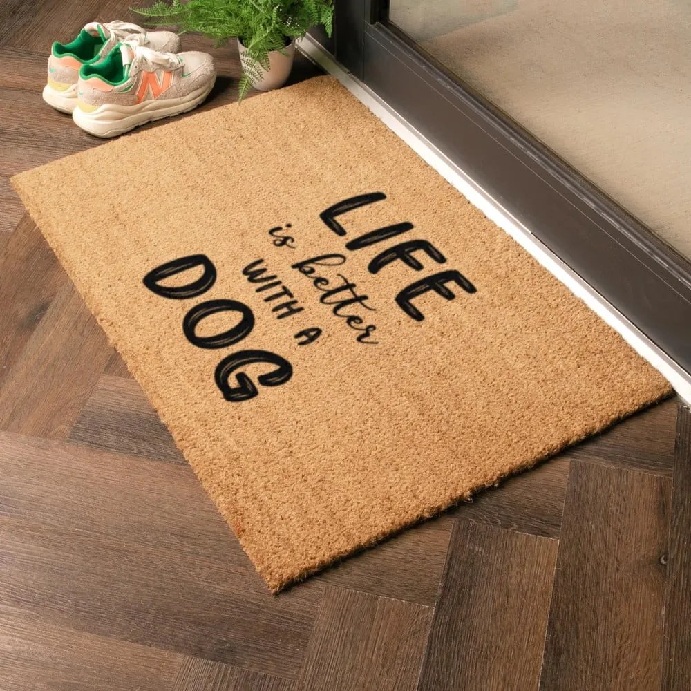 Covoraș de intrare din fibre de nucă de cocos 40x60 cm Life Is Better With a Dog – Artsy Doormats