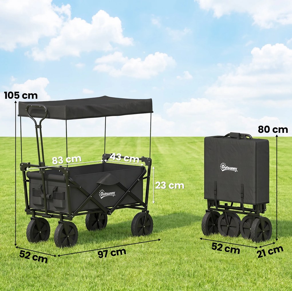 Outsunny Cărucior Pliabil de Exterior cu Copertină Detașabilă, Rezistent pentru Grădină și Camping, cu Maner Telescopic | Aosom Romania