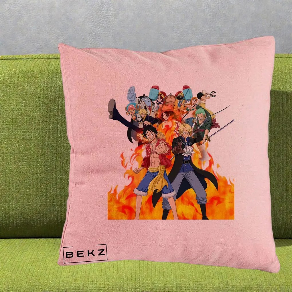Perna Personalizata One Piece Echipa Straw Hat in Flacari, 40x40 cm, Roz, Husa Detasabila, Perna Inclusa, BEKZ®