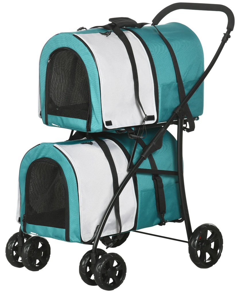 PawHut Cochecito Dublu pentru Câini Pisici Pliabil cu 2 Transportoare Extraibile cu Centură și Perne 66x50x98 cm Verde și Gri | Aosom Romania