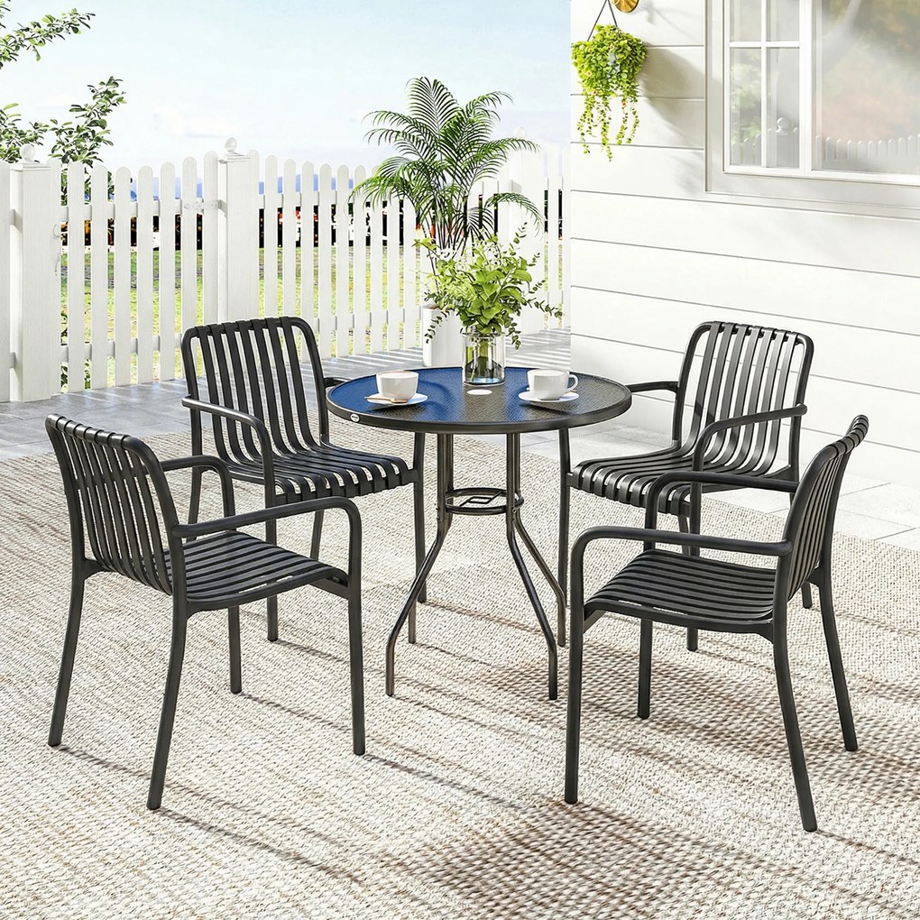 Set 4 Scaune de Grădină Outsunny Stivuibile din PP Rezistent la Razele UV, Scaune de Luat Masa pentru Exterior cu Spătar Ergonomic cu Lamele și Brațe, pentru Terasă, Balcon, Grădină, 55x58,5x81,5 cm, Negru | Aosom Romania