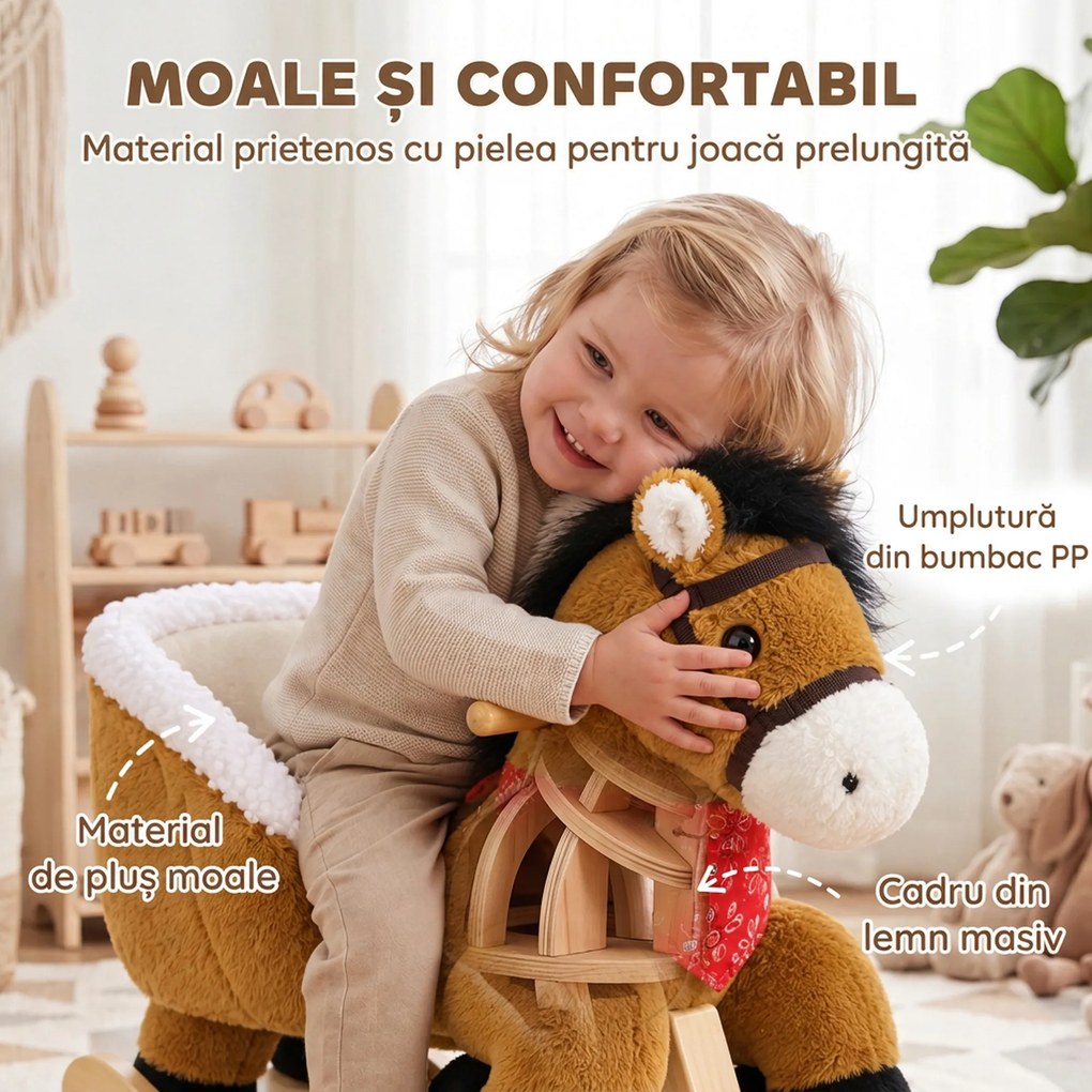 AIYAPLAY Cal Balansoar pentru Copii 18 Luni+, cu Nechezat Realist și Structură din Lemn Masiv, Maro | Aosom Romania
