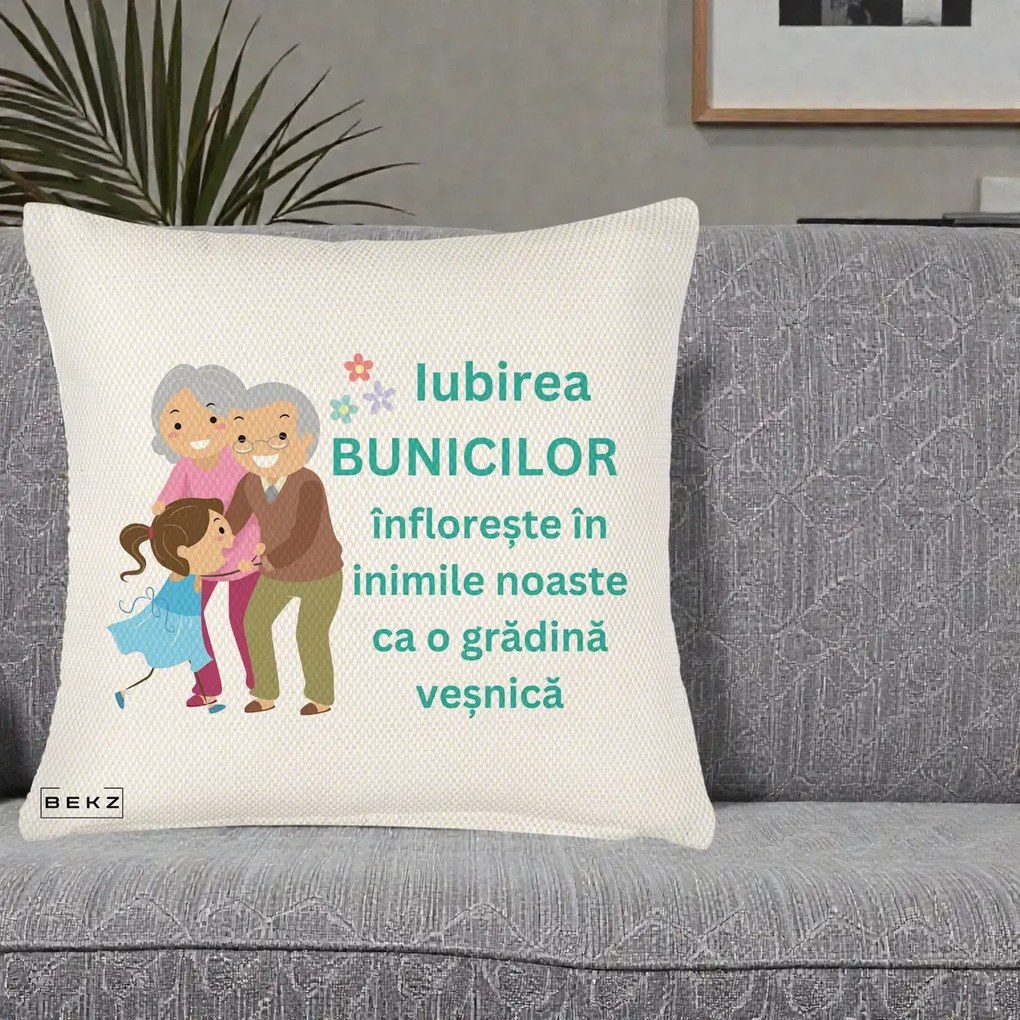 Cadou pentru Bunici - Perna Personalizata Bunicii Iubirea Infloreste cu Nepoata Teal, 40x40 cm, Crem Reliefat, Husa Detasabila, Perna Inclusa, BEKZ®