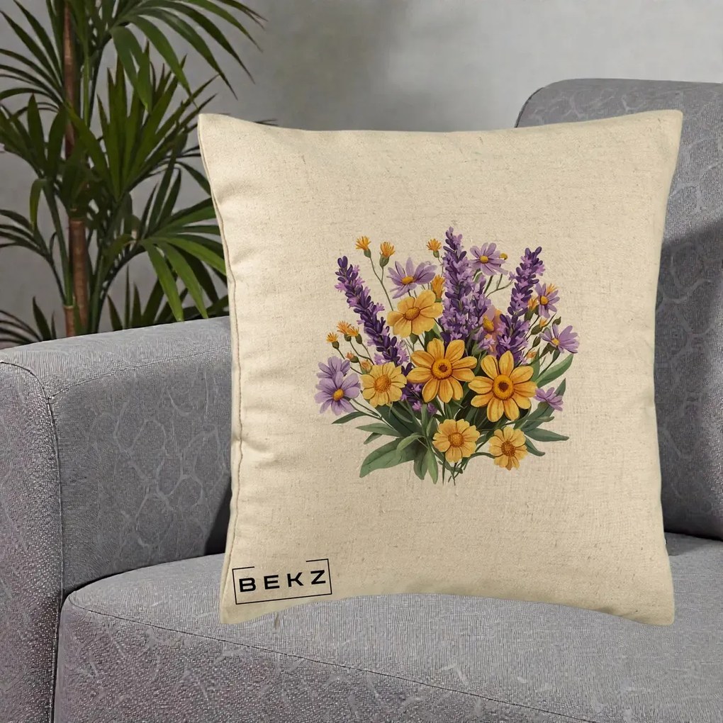 Perna Decorativa Lavanda cu Margarete Galbene si Lila, 40x40 cm, Bej, Husa Detasabila, Perna Inclusa, BEKZ®