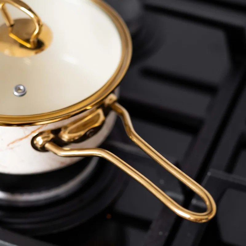 Caserolă cu capac din sticlă Goldmann GM 4521-18B, 18x9 cm, 2l, email, inducție, alb / aur vechi