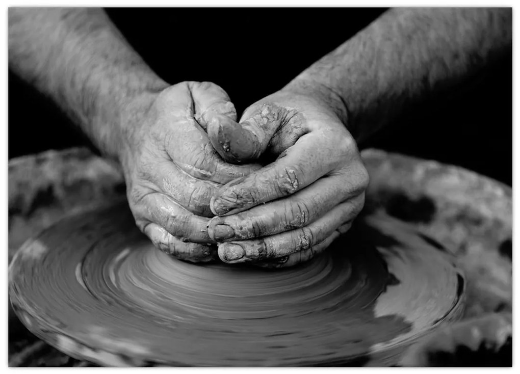 Tablou pe sticlă alb negru - producția de ceramică (70x50 cm)