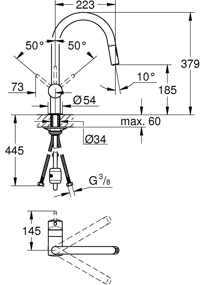 Grohe Minta Baterie chiuveta bucatarie monocomanda cu dus extractibil cu 2 jeturi, pipa C, crom