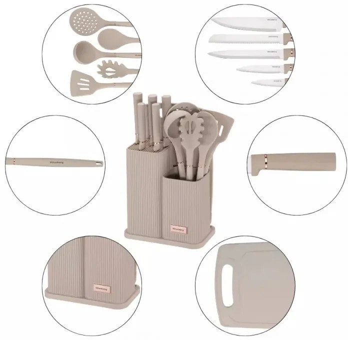 Set cutite si ustensile Klausberg KB 7935, Tocator si suport, 12 piese, Bej
