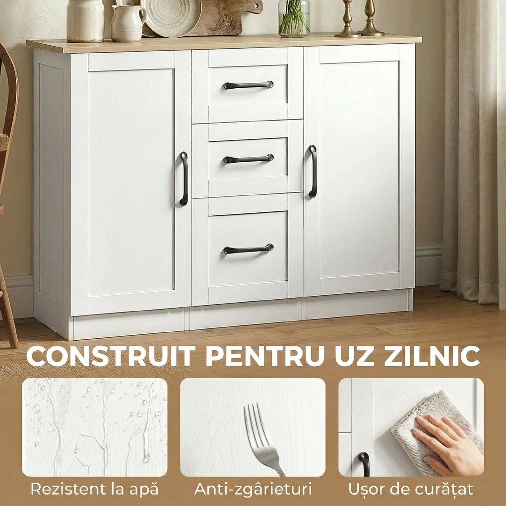 HOMCOM Bufet de bucătărie cu 3 sertare și 2 uși, închidere amortizată, pentru dining, hol și living, 110x35x80,4 cm, alb | Aosom Romania