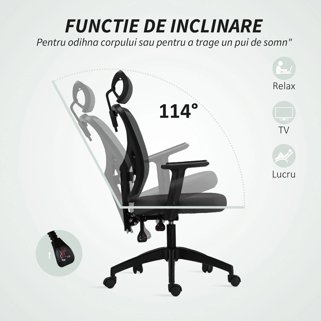 Vinsetto Scaun de Birou cu Inaltime Reglabila, 66x61x106-116cm, Gri Închis | Aosom Romania